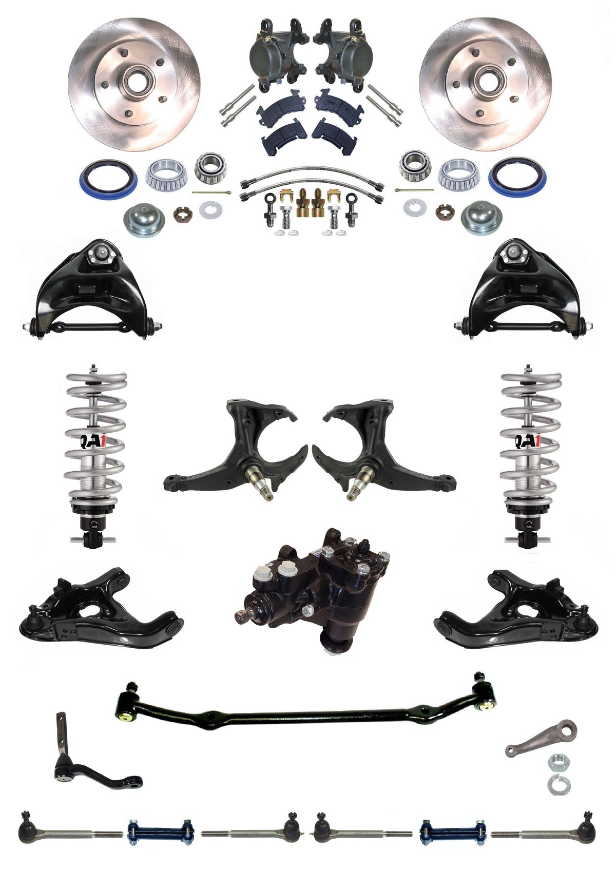 FRONT SUSPENSION,STEERING & BRAKE WITH BOX,ARMS,QA1 COILOVERS,SPINDLES,78-88 G-