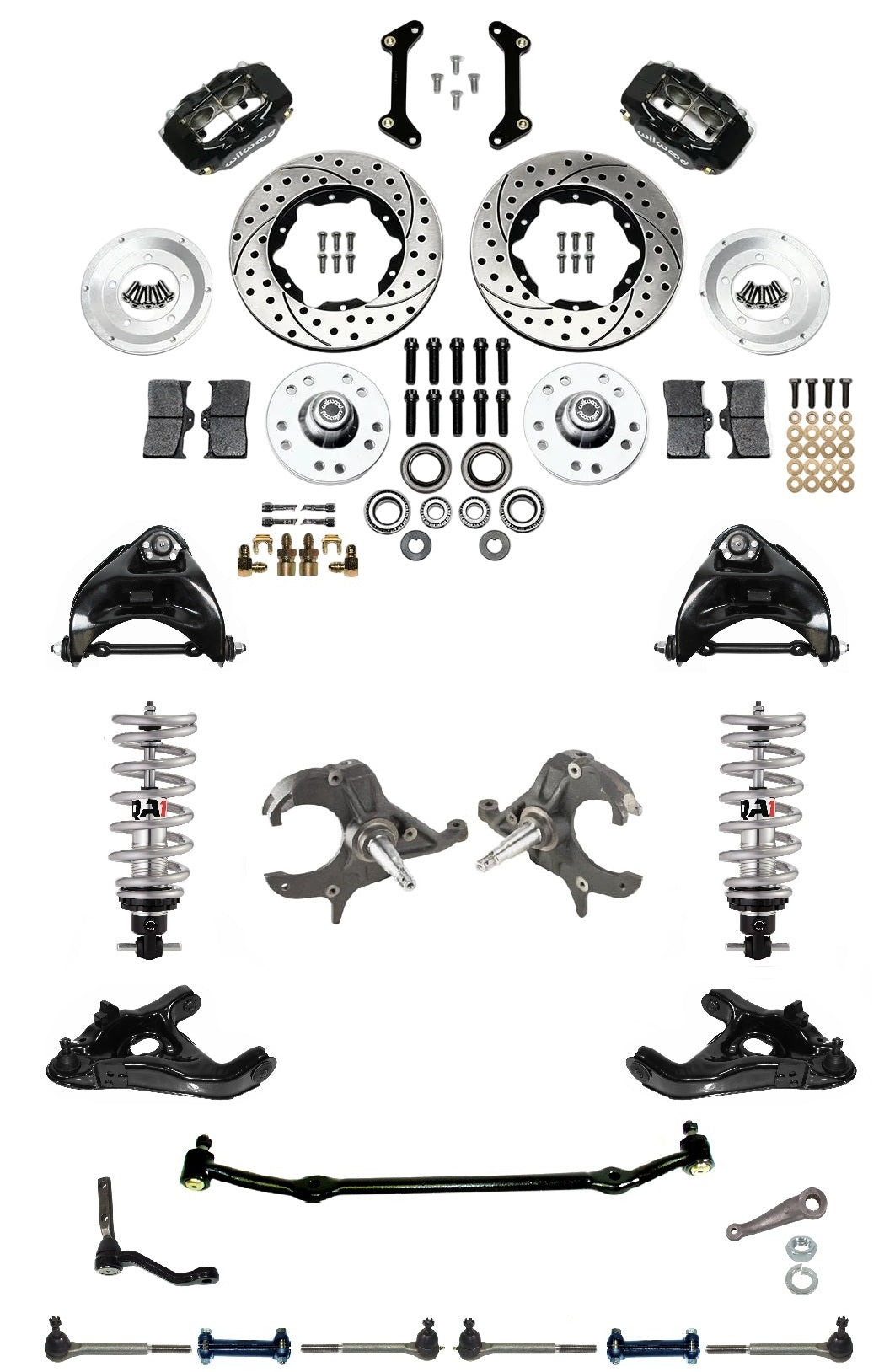 FRONT SUSPENSION,STEERING & WILWOOD BRAKE SET,ARMS,QA1 COILOVERS,SPINDLES,DROP
