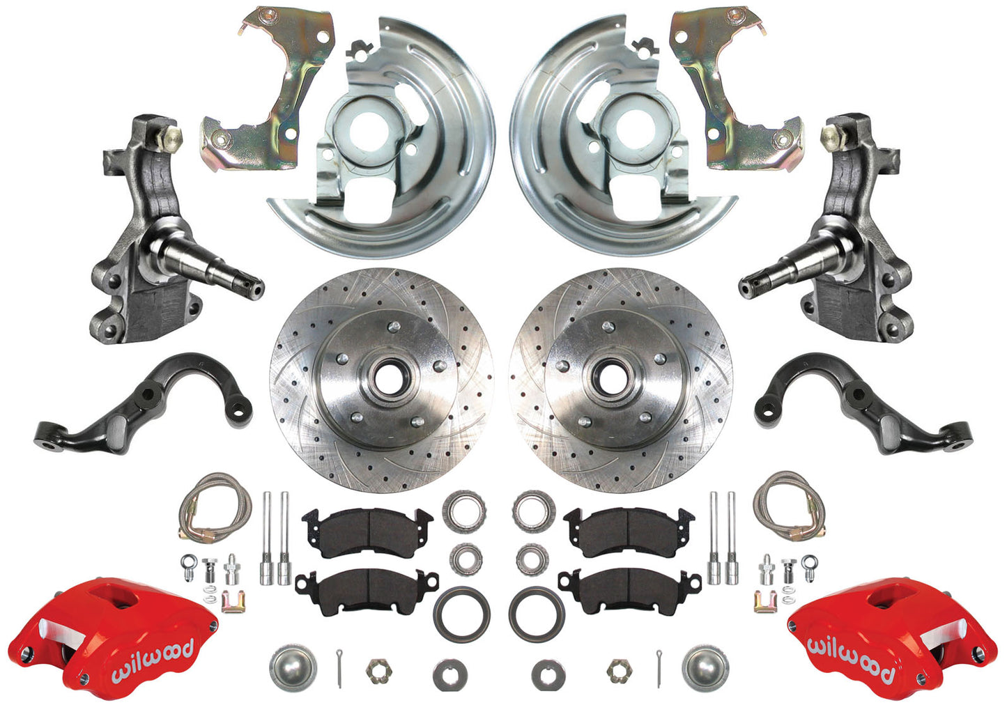 67-69 F-BODY DISC BRAKE & 2" DROP SPINDLE KIT,11" DRILLED ROTORS,RED CALIPERS