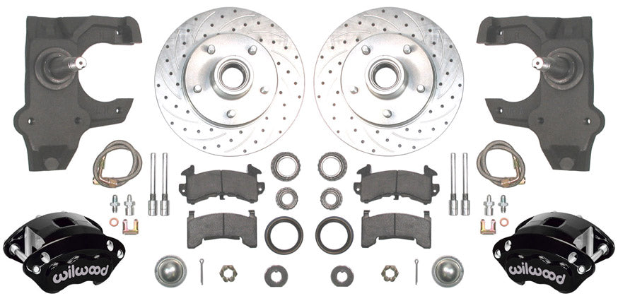 55-57 CHEVY DISC BRAKE & 2" DROP SPINDLE KIT,10.5" DRILLED ROTORS,BLACK WILWOOD