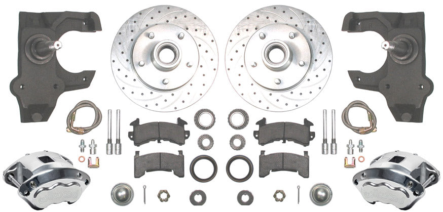 55-57 CHEVY DISC BRAKE & 2" DROP SPINDLE KIT,10.5" DRILLED ROTORS,POLISH WILWOOD