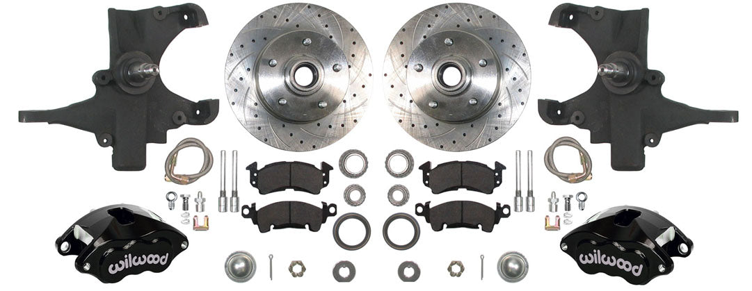 59-64 CHEVY DISC BRAKE & 2" DROP SPINDLE KIT,11" DRILLED ROTORS,BLACK WILWOOD