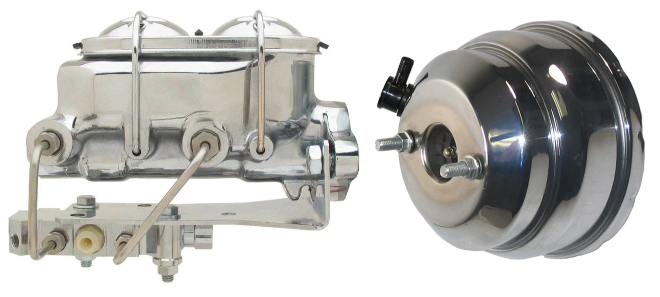 POWER BRAKE BOOSTER,8" DUAL,POLISHED ALUM MASTER CYLINDER,& BOTTOM PROP VALVE,1"
