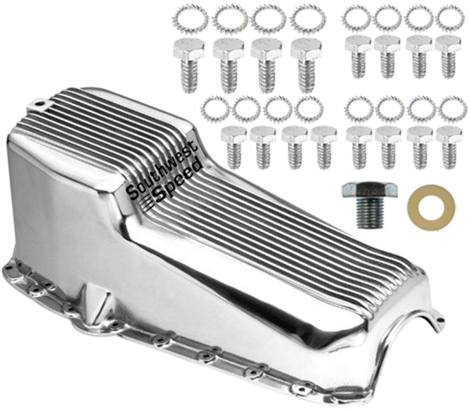 OIL PAN,FINNED ALUM,SBC,55-79,LEFT-HAND DIPSTICK