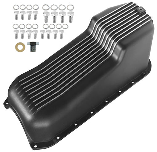 OIL PAN,FINNED ALUM,SBC,55-79,LEFT-HAND DIPSTICK,BLACK