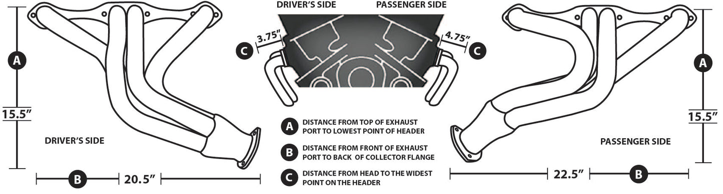 HEADER,SBC,1 5/8",UNIVERSAL STREET ROD,2 1/2",CHROME PLATED