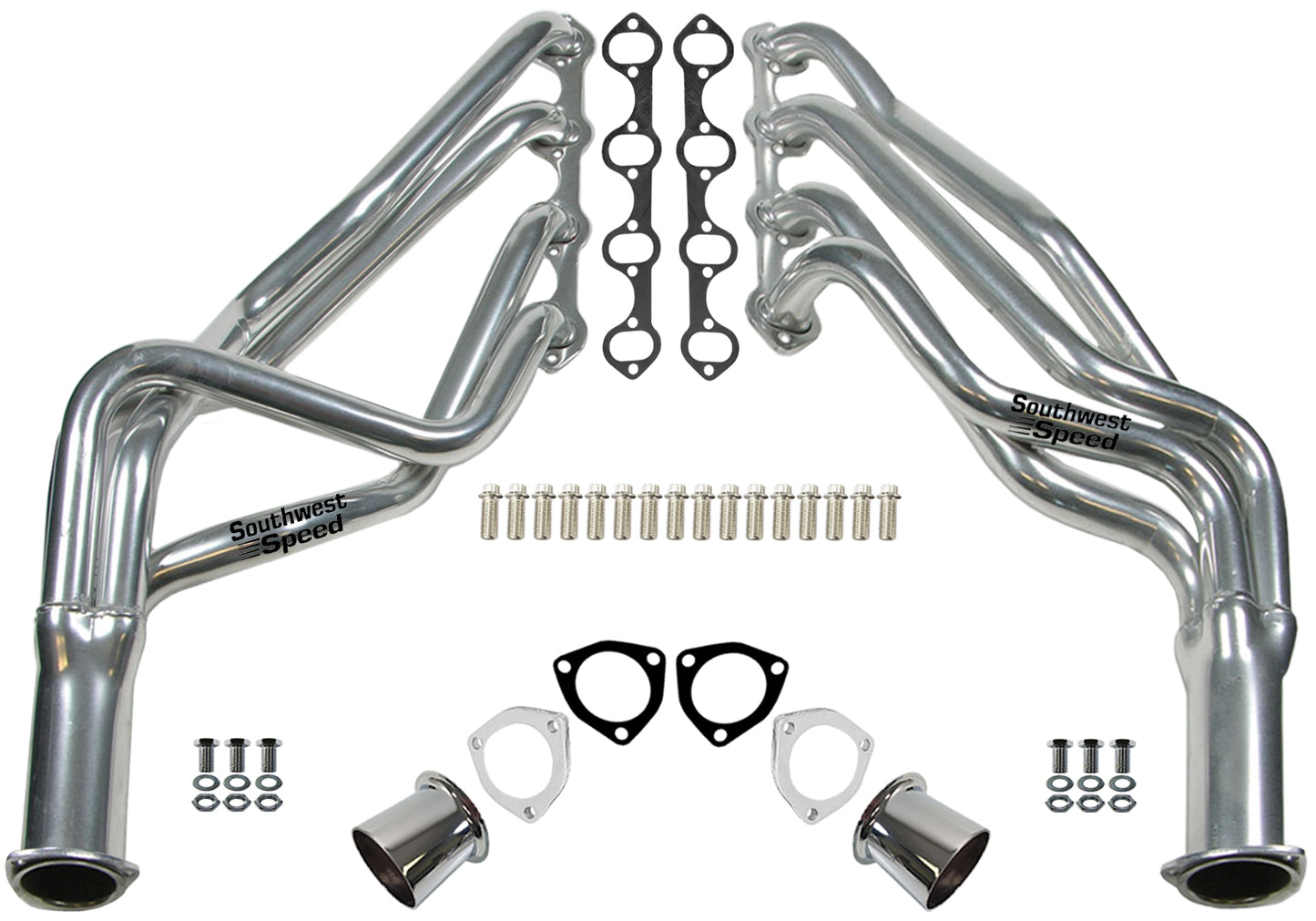 HEADER,SBF,1 1/2",66-73 MUSTANG,FAIRLANE,COUGAR LONG TUBE,3",POLISHED STAINLESS