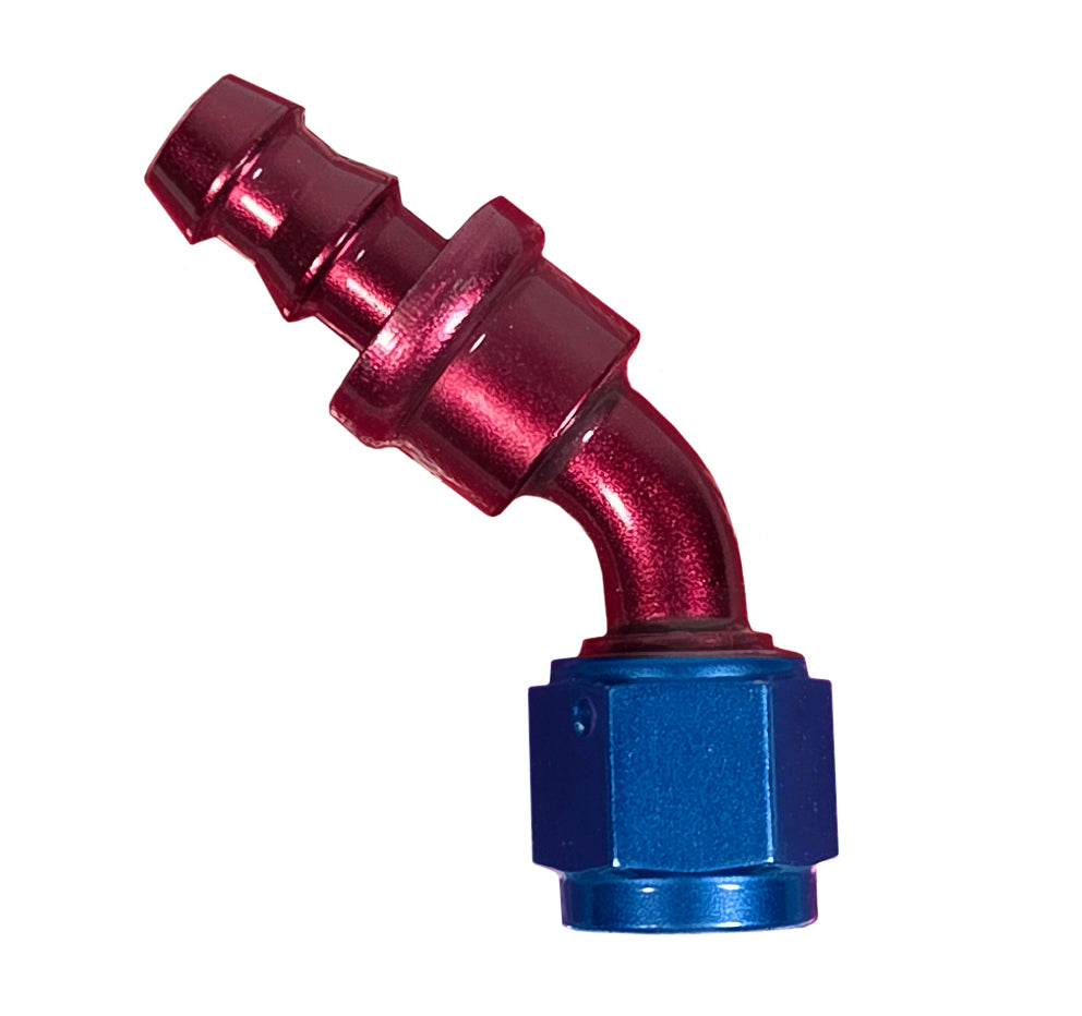 HOSE END,ALUM,BARBED,3/8 HOSE,#6 45