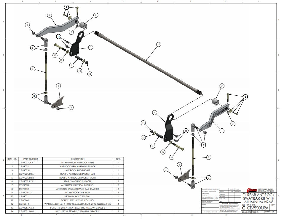ANTIROCK REAR SWAY BAR KIT,ALUMINUM,TJ/LJ