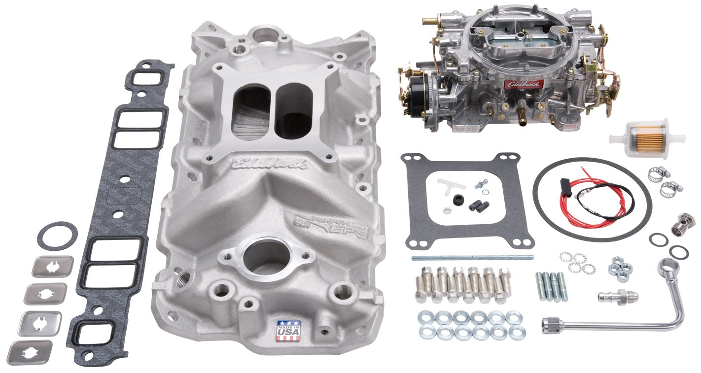 EDELBROCK INDUCTION KIT,SINGLE-QUAD PERFORMER EPS MANIFOLD & CARB KIT,57-86 SBC