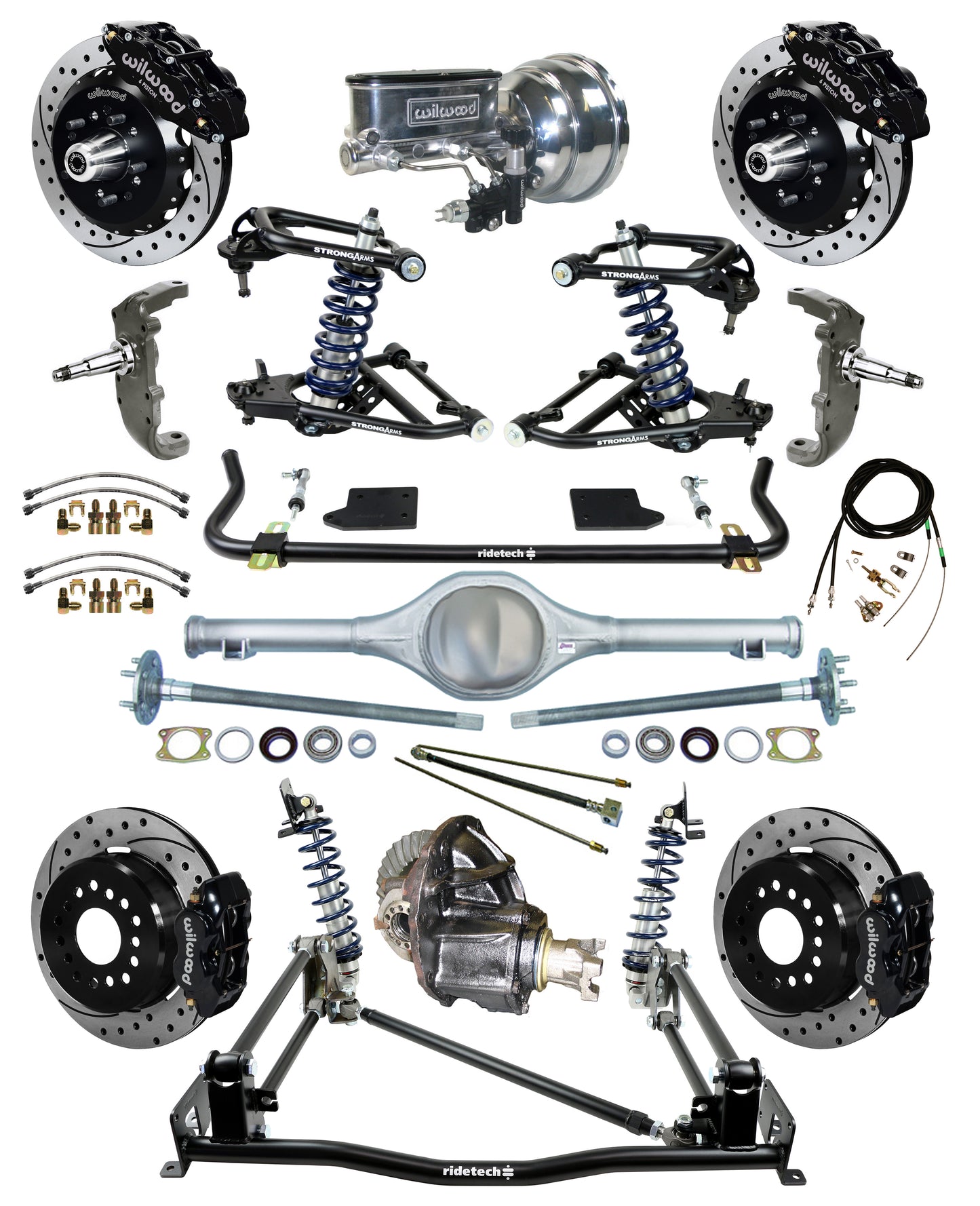 COILOVER & 4-LINK SYSTEM,CURRIE REAR END,WILWOOD 13"/12" DRILLED,BLACK,55-57