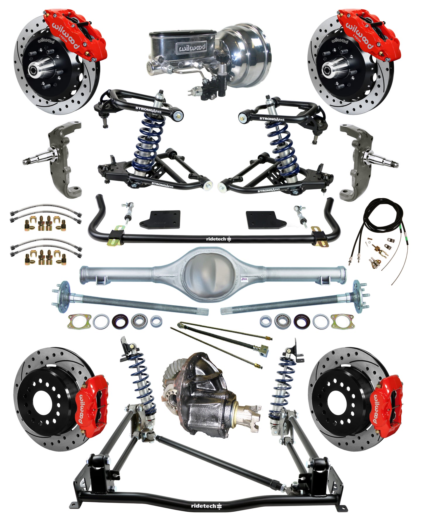 COILOVER & 4-LINK SYSTEM,CURRIE REAR END,WILWOOD 13"/12" DRILLED,RED,55-57