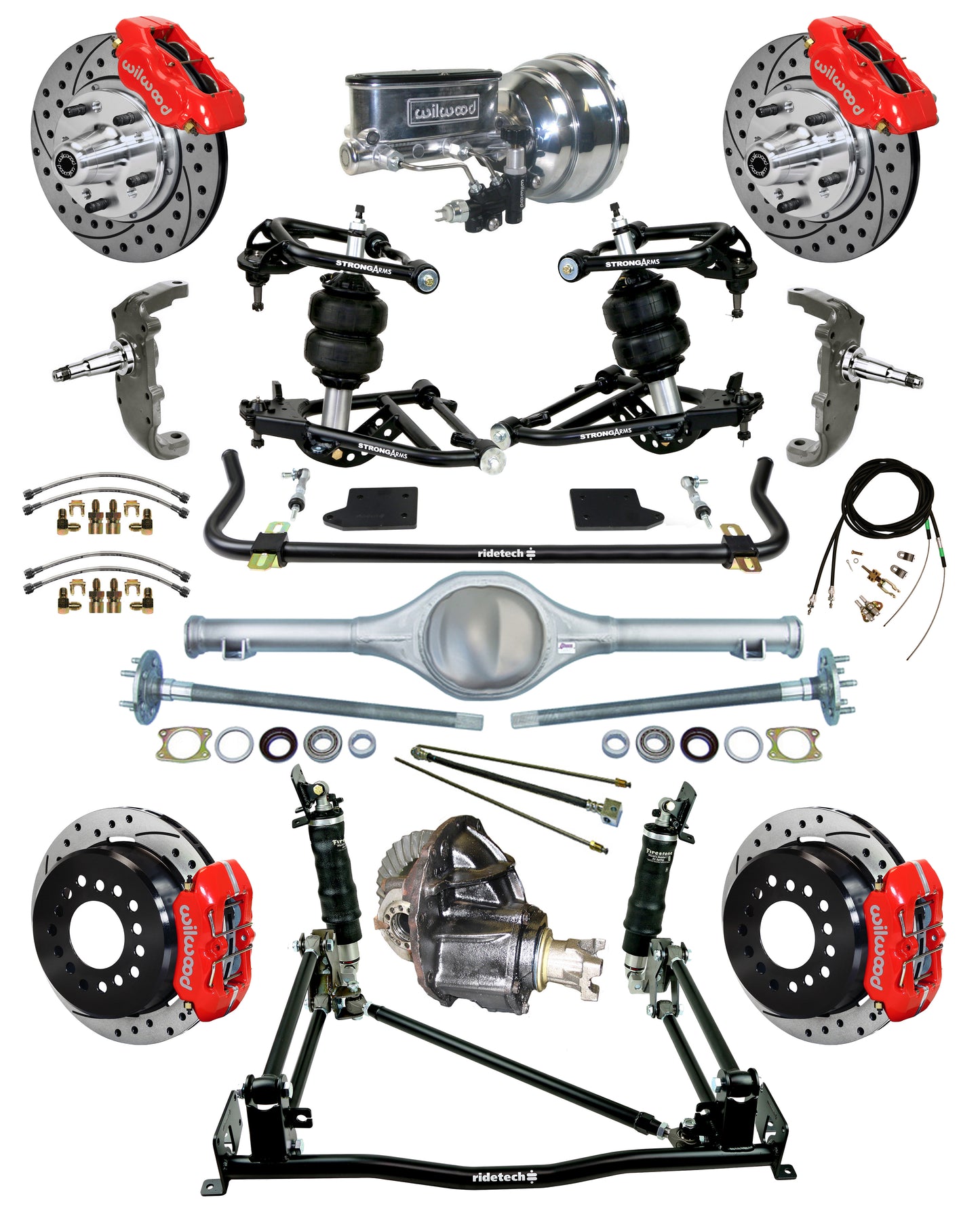 AIR RIDE & 4-LINK SYSTEM,CURRIE REAR END,WILWOOD 11" DRILLED BRAKES,RED,55-57