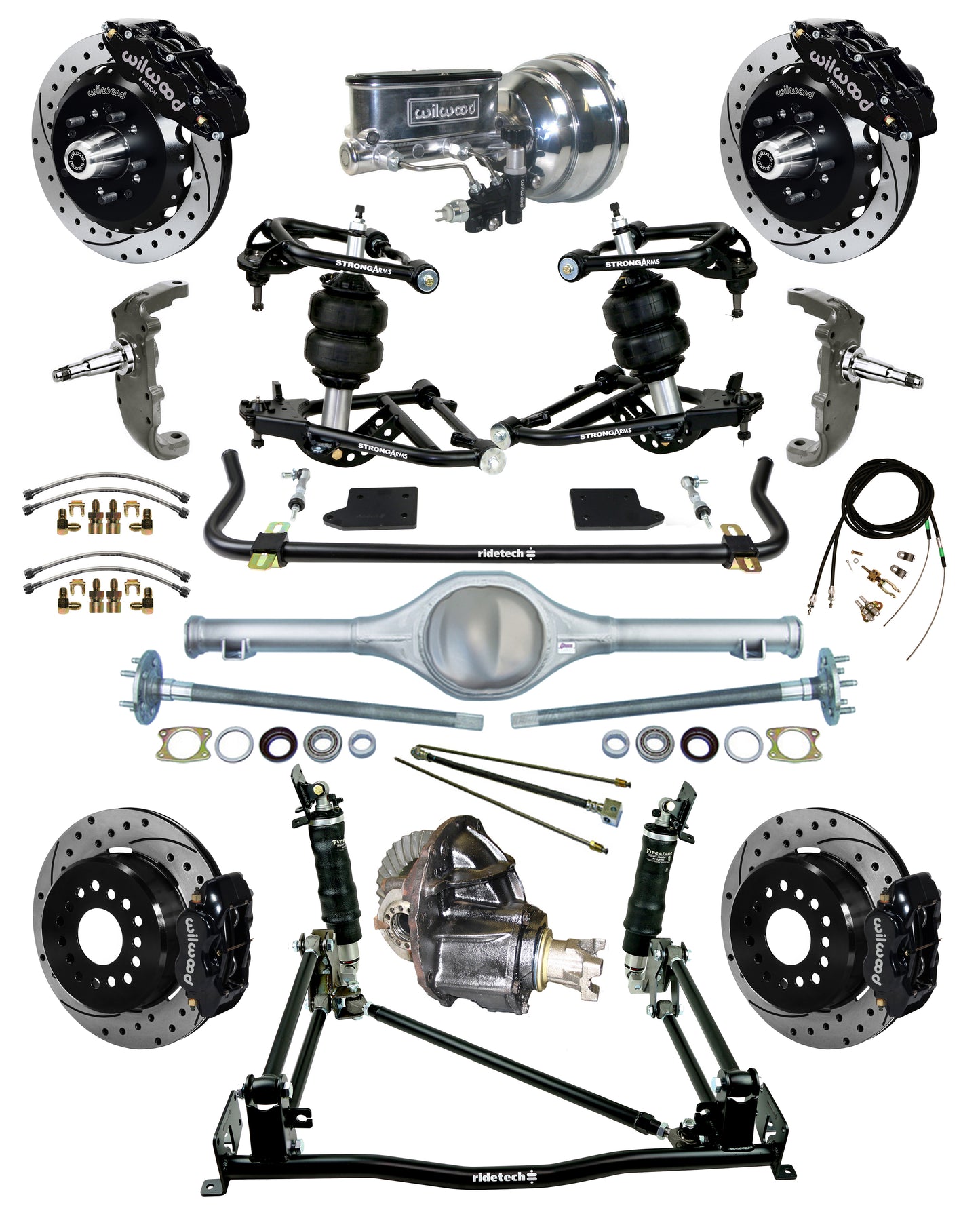 AIR RIDE & 4-LINK SYSTEM,CURRIE REAR END,WILWOOD 13"/12" DRILLED,BLACK,55-57
