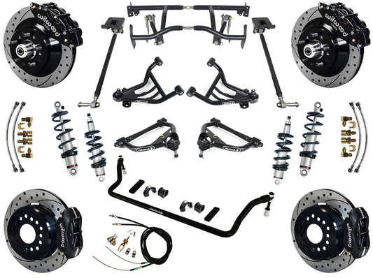 COILOVER & 4-LINK SYSTEM,WILWOOD 13"/12" DRILLED BRAKES,BLACK CALIPERS,70-81 F-