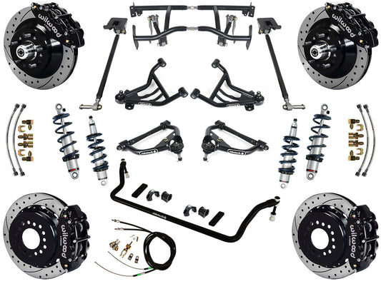 COILOVER & 4-LINK SYSTEM,WILWOOD 13" DRILLED BRAKES,BLACK CALIPERS,70-81 GM F