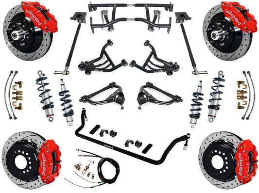 COILOVER & 4-LINK SYSTEM,WILWOOD 13" DRILLED BRAKES,RED CALIPERS,70-81 GM F