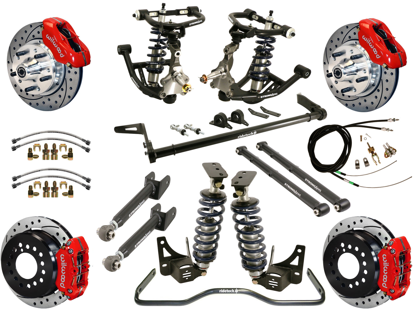 COILOVER SYSTEM,ARMS,BARS,WILWOOD 11" DRILLED BRAKES,RED CALIPERS,68-72 A-BODY