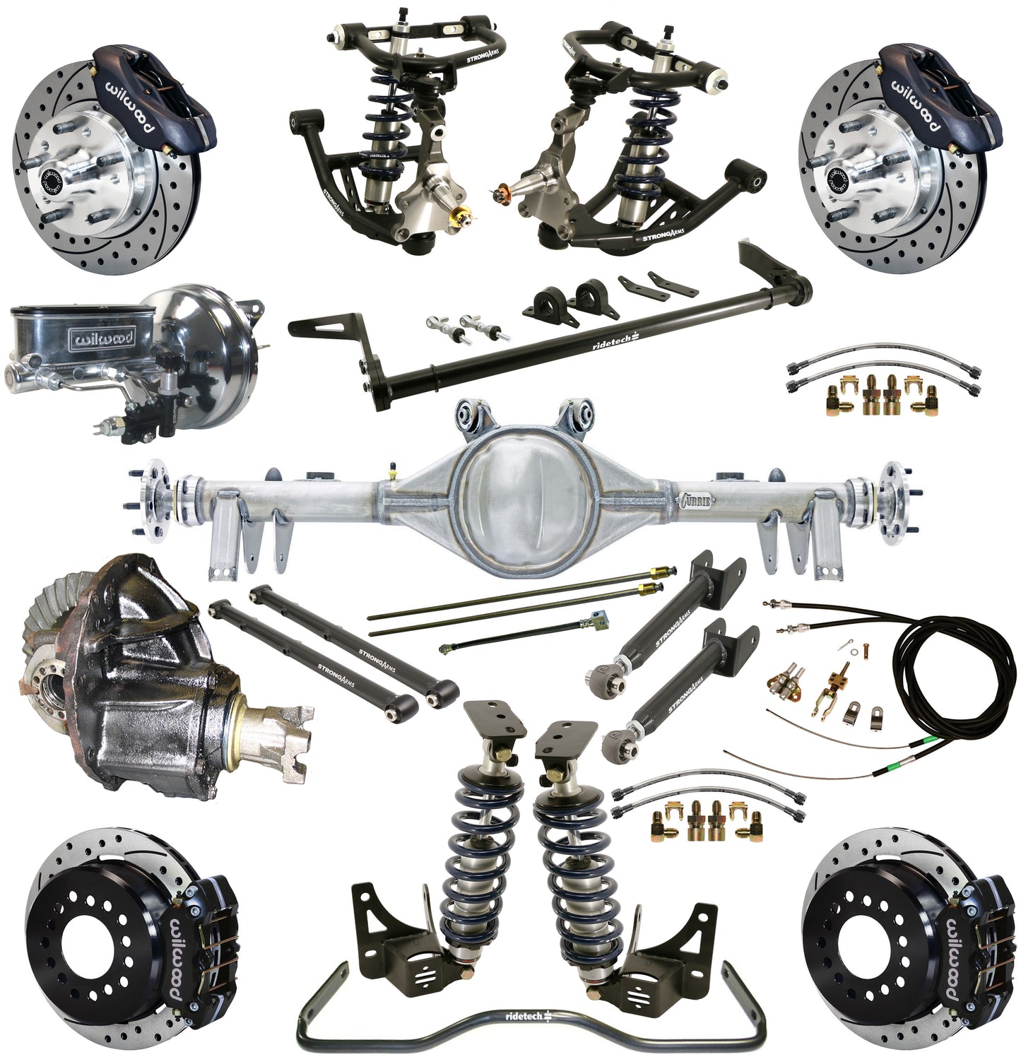 COILOVER SYSTEM,ARMS,BARS,CURRIE REAR END,WILWOOD 11" DRILLED BRAKES,BLACK,68-72