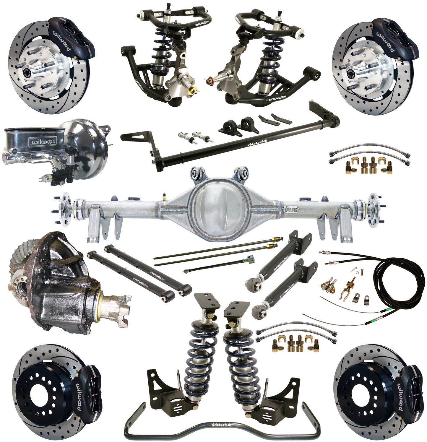 COILOVER SYSTEM,ARMS,BARS,CURRIE REAR END,WILWOOD 12" DRILLED BRAKES,BLACK,68-72