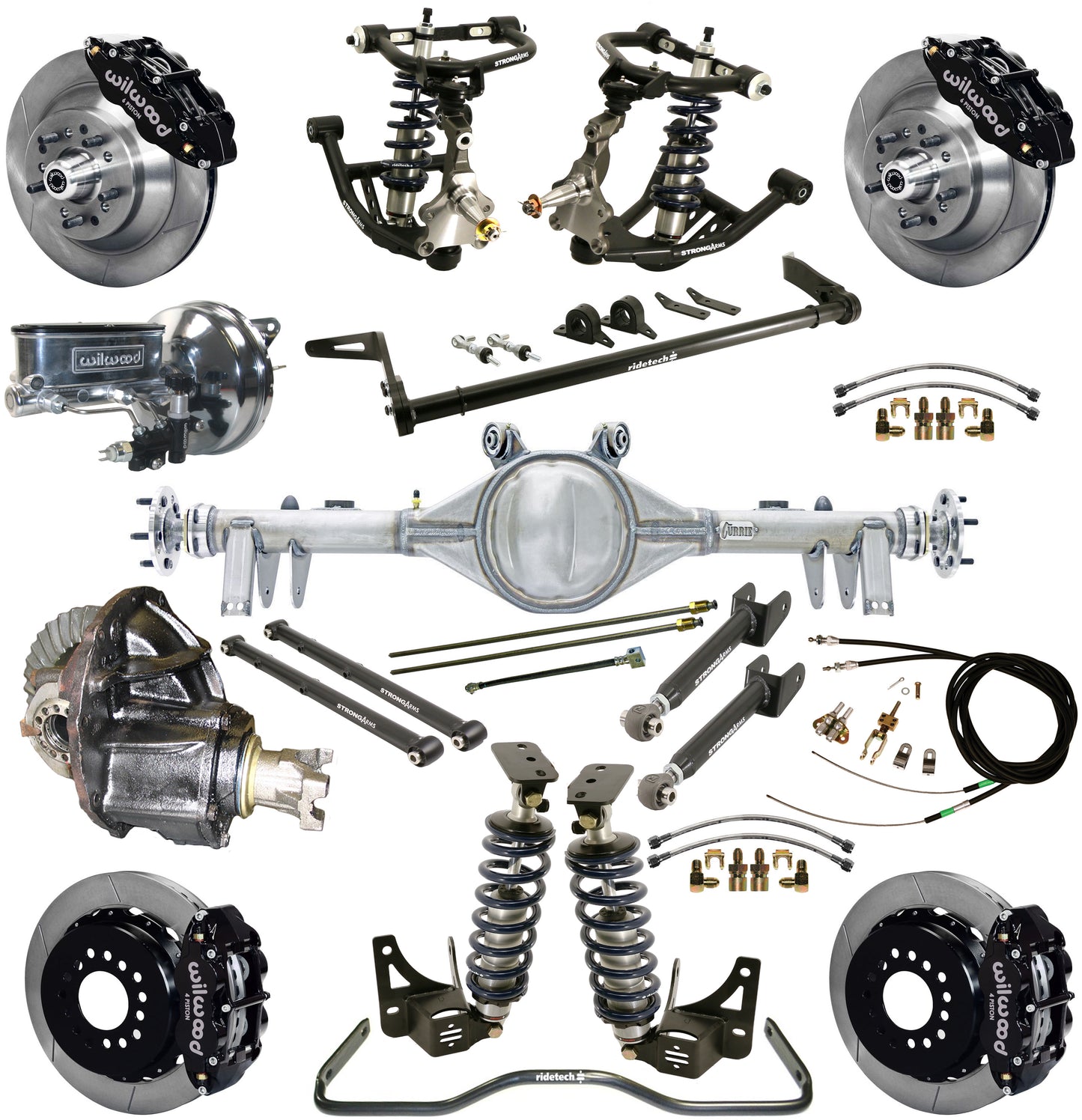 COILOVER SYSTEM,ARMS,BARS,CURRIE REAR END,WILWOOD 13" BRAKES,BLACK,68-72 GM A-