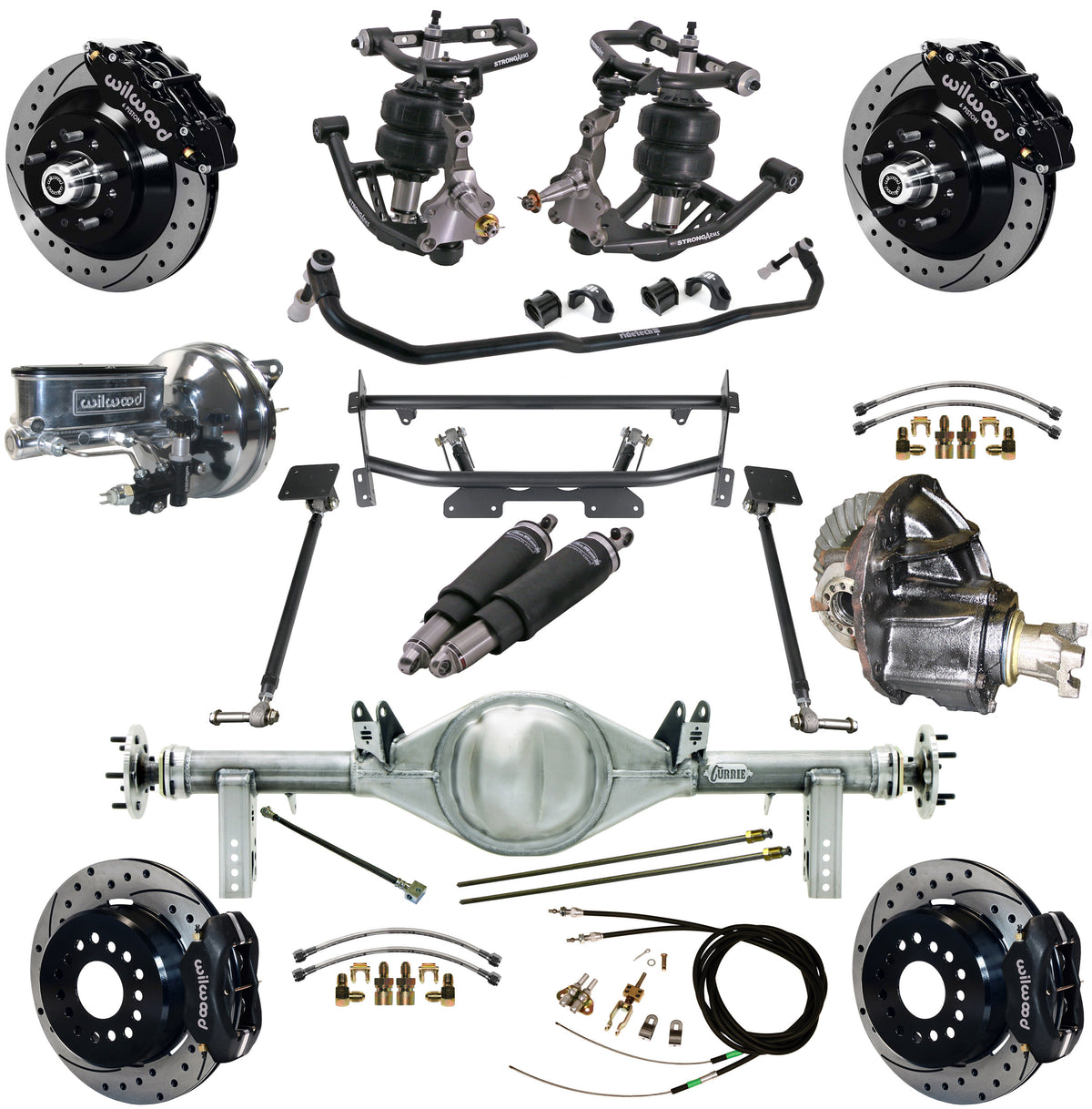 AIR RIDE & 4-LINK SYSTEM,CURRIE REAR END,WILWOOD 13"/12" DRILL,BLACK,68-74 NOVA