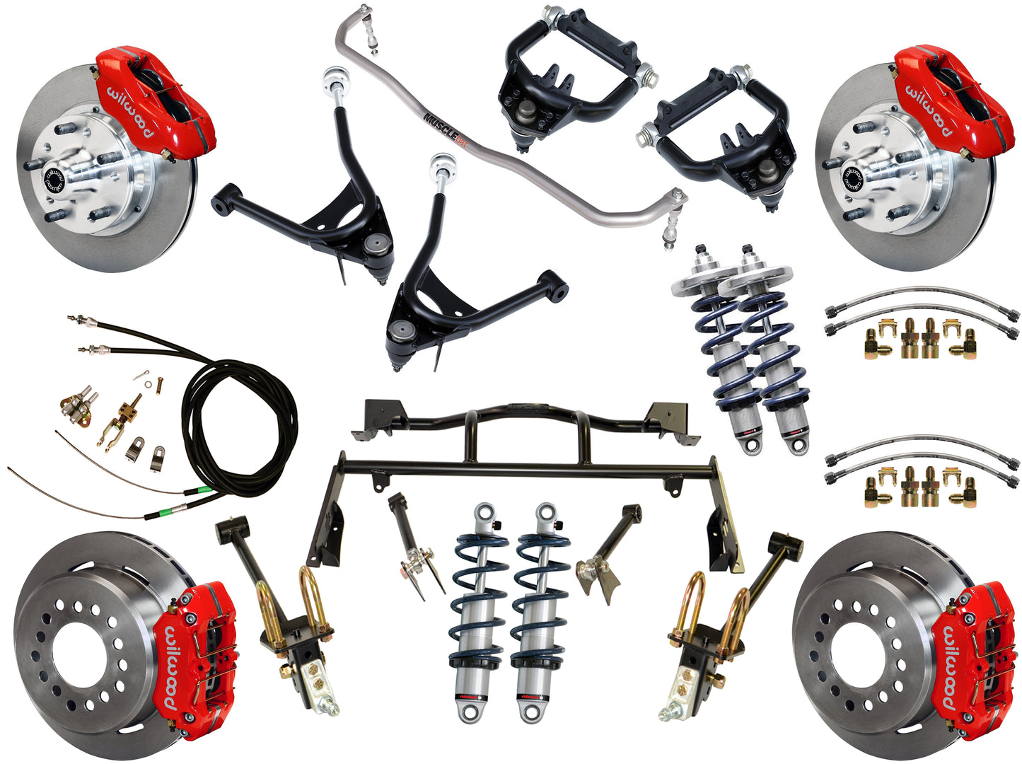 COILOVER & 4-LINK SYSTEM,ARMS,WILWOOD 11" BRAKES,RED CALIPERS,67-70 MUSTANG