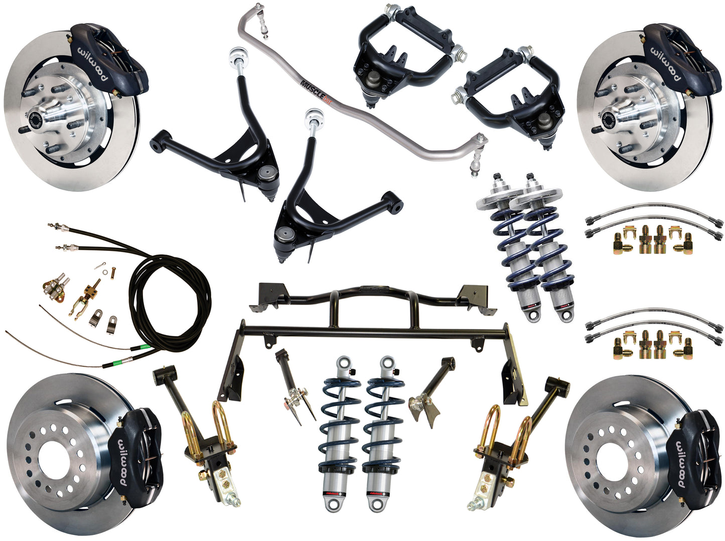 COILOVER & 4-LINK SYSTEM,ARMS,WILWOOD 12" BRAKES,BLACK CALIPERS,67-70 MUSTANG