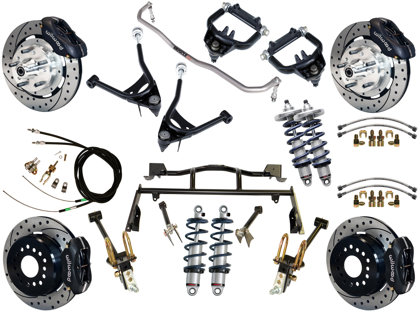 COILOVER & 4-LINK SYSTEM,ARMS,WILWOOD 12" DRILLED BRAKES,BLACK CALIPERS,67-70