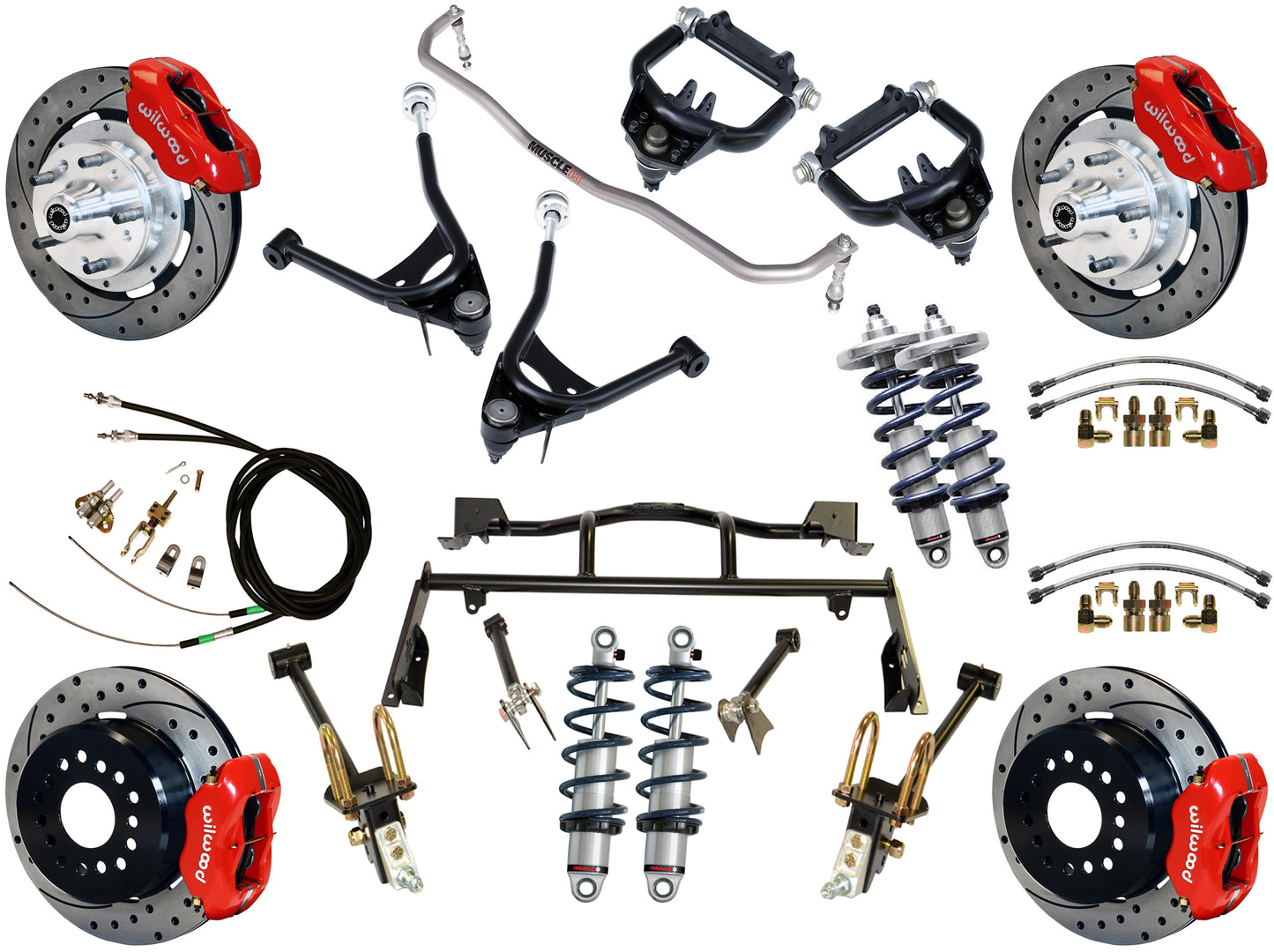 COILOVER & 4-LINK SYSTEM,ARMS,WILWOOD 12" DRILLED BRAKES,RED CALIPERS,67-70 FORD