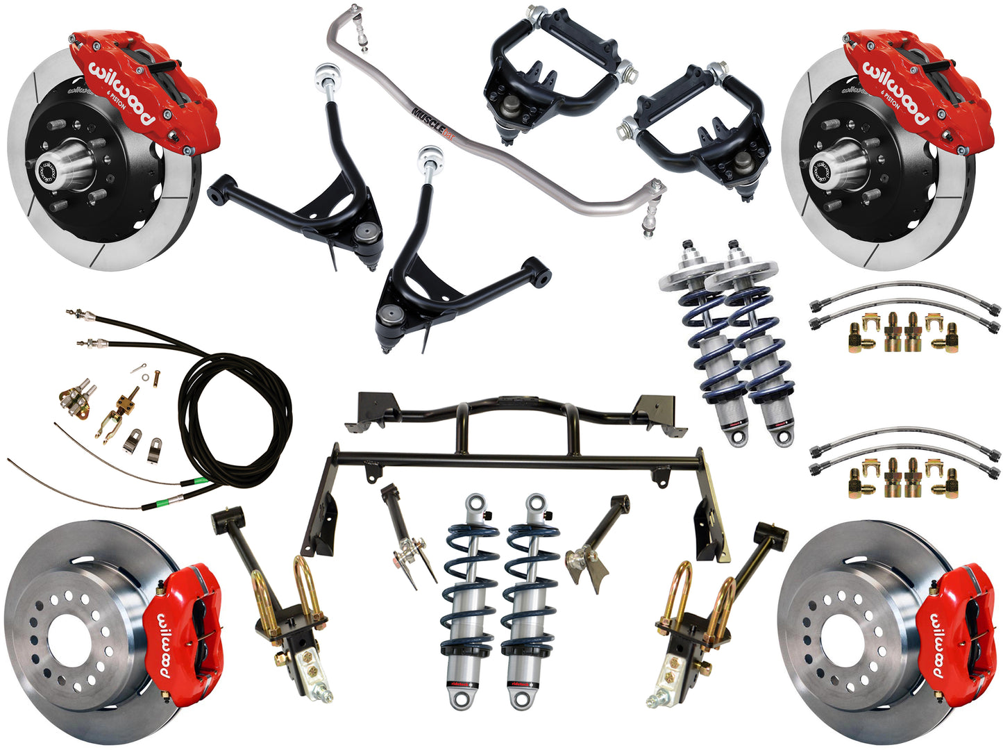 COILOVER & 4-LINK SYSTEM,ARMS,WILWOOD 13/12" BRAKES,RED CALIPERS,67-70 MUSTANG