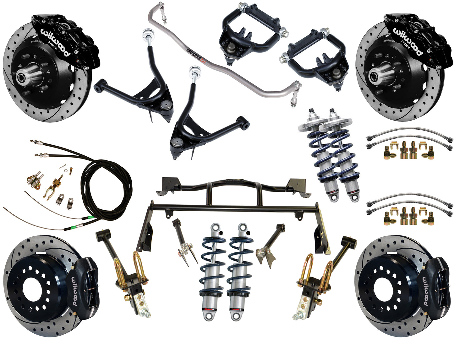 COILOVER & 4-LINK SYSTEM,ARMS,WILWOOD 13/12" DRILLED BRAKES,BLACK CALIPERS,67-70