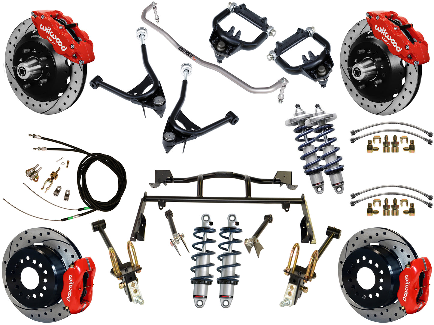 COILOVER & 4-LINK SYSTEM,ARMS,WILWOOD 13/12" DRILLED BRAKES,RED CALIPERS,67-70