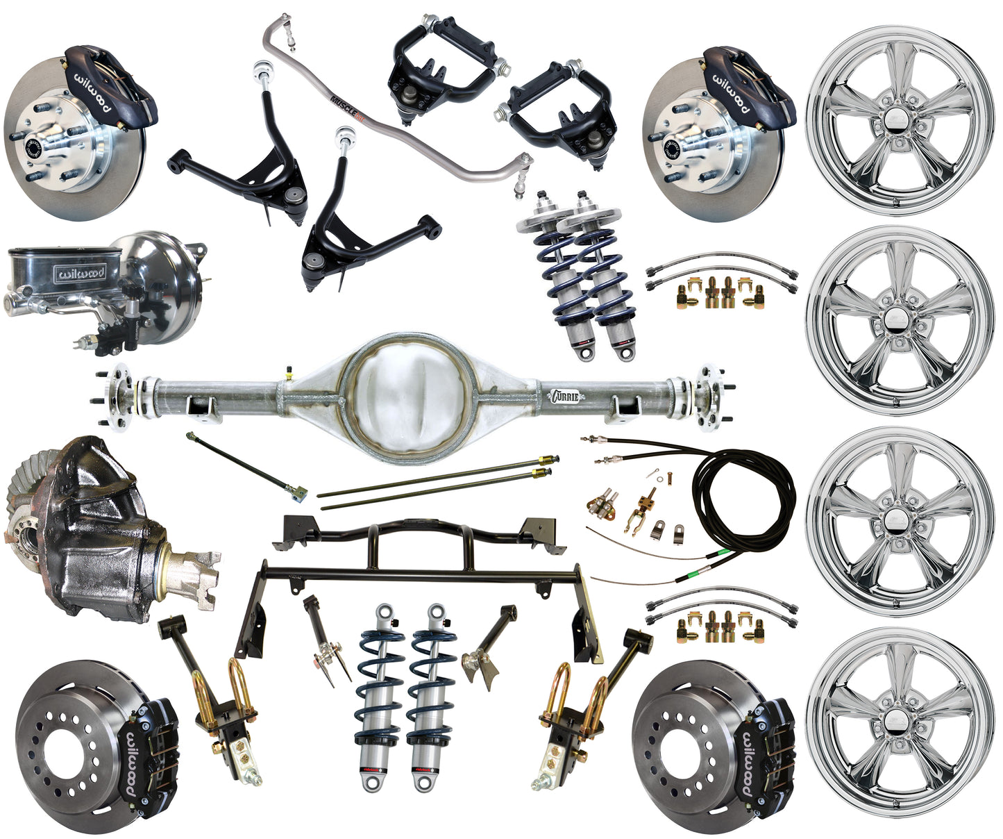 COILOVER & 4-LINK SYSTEM,CURRIE REAR END,WILWOOD 11" BRAKES,BLACK,BSI WHEELS