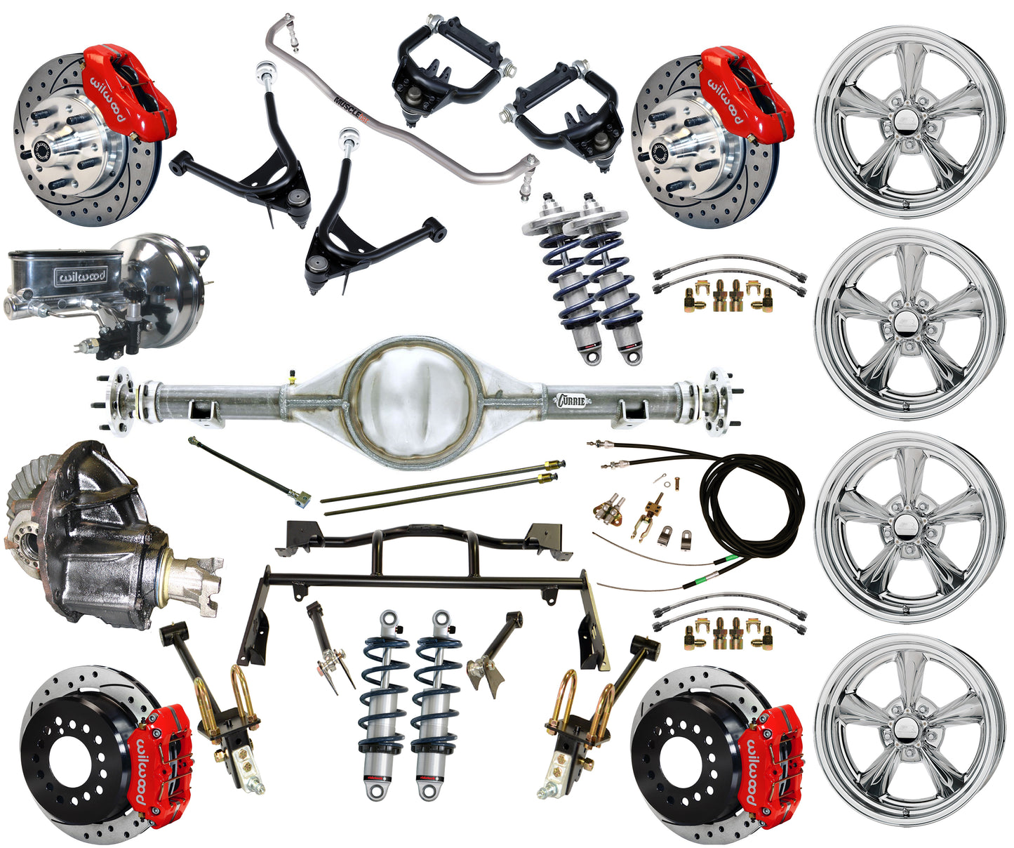 COILOVER & 4-LINK SYSTEM,CURRIE REAR END,WILWOOD 11" DRILLED,RED,BSI WHEELS