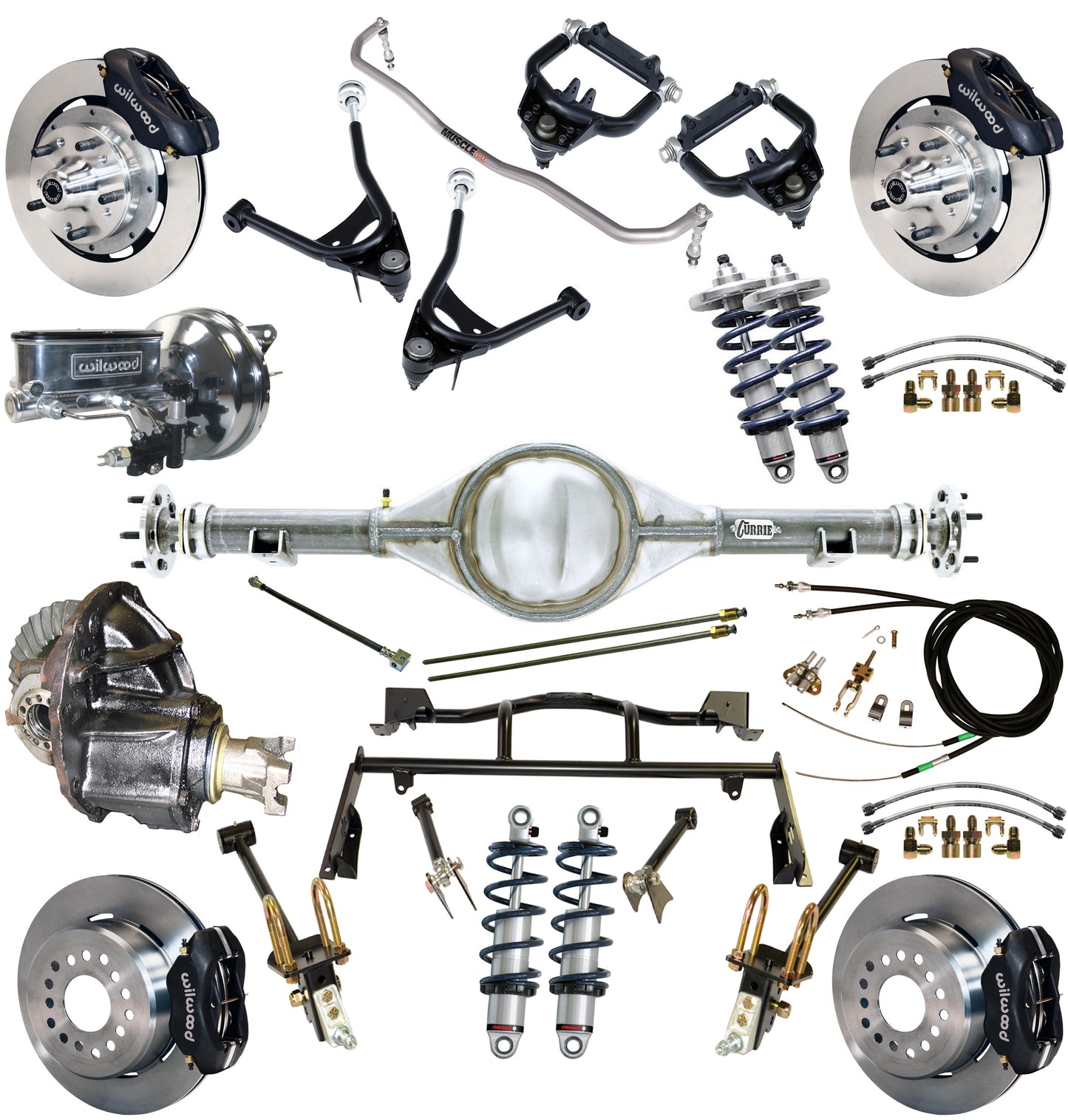 COILOVER & 4-LINK SYSTEM,CURRIE REAR END,WILWOOD 12" BRAKES,BLACK,67-70 MUSTANG