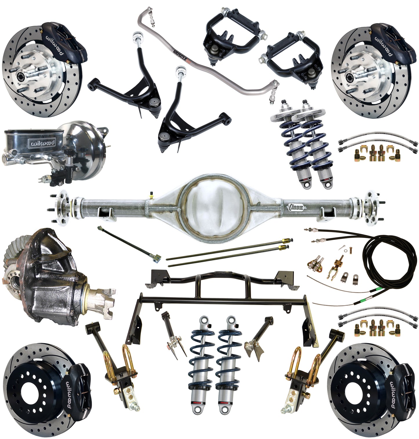 COILOVER & 4-LINK SYSTEM,CURRIE REAR END,WILWOOD 12" DRILLED BRAKES,BLACK,67-70