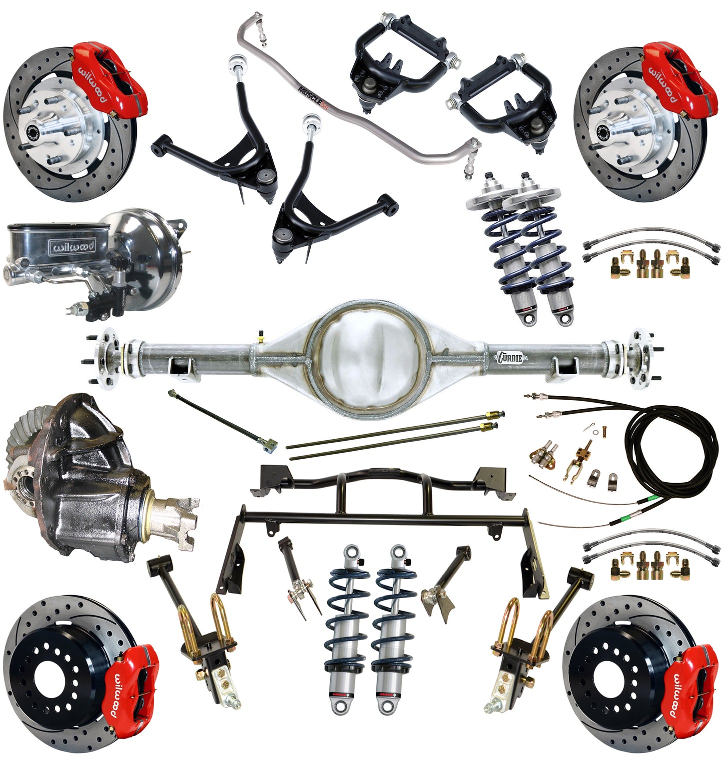 COILOVER & 4-LINK SYSTEM,CURRIE REAR END,WILWOOD 12" DRILLED BRAKES,RED,67-70