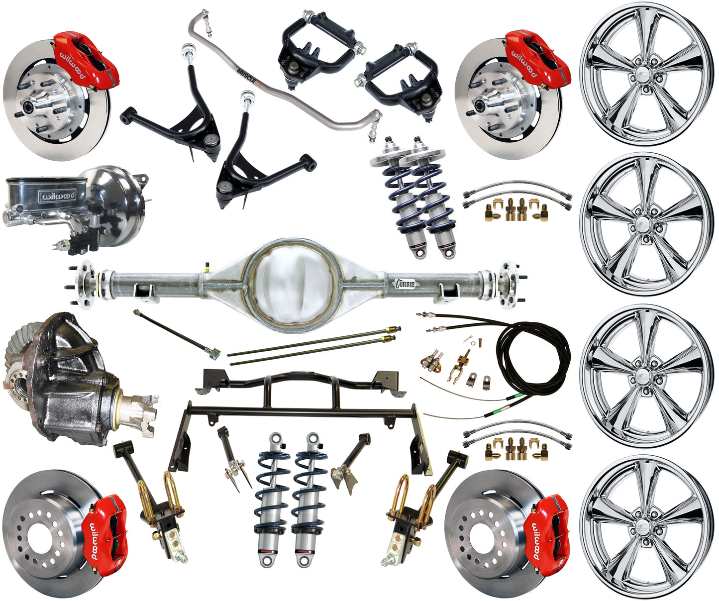 COILOVER & 4-LINK SYSTEM,CURRIE REAR END,WILWOOD 12" BRAKES,RED,BSI WHEELS
