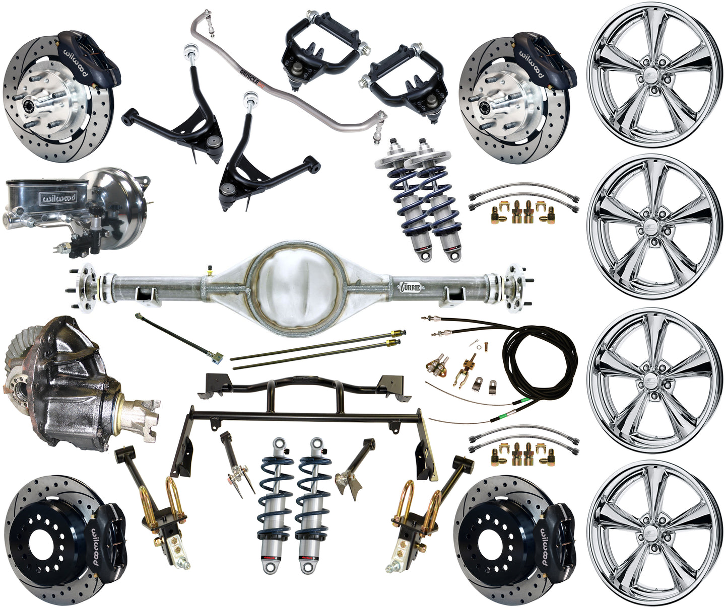 COILOVER & 4-LINK SYSTEM,CURRIE REAR END,WILWOOD 12" DRILLED,BLACK,BSI WHEELS