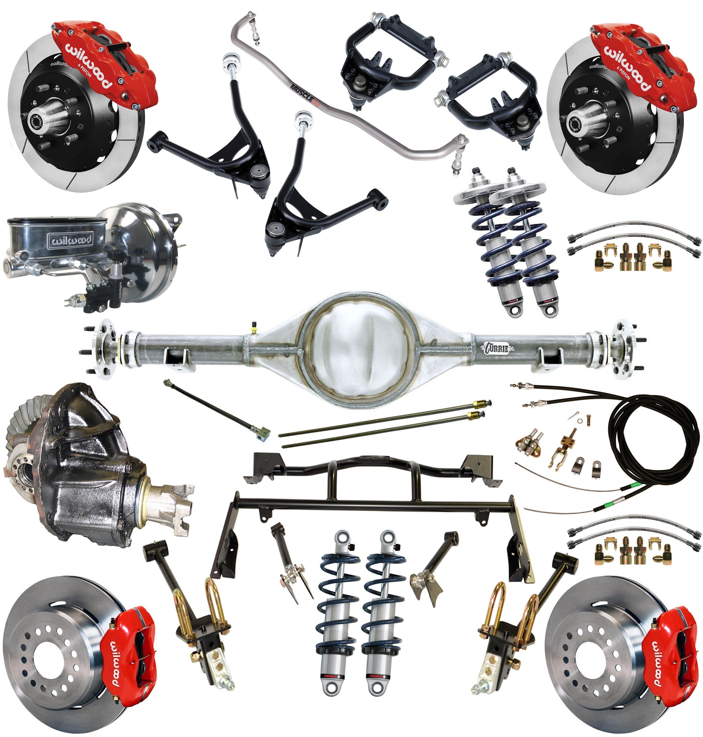 COILOVER & 4-LINK SYSTEM,CURRIE REAR END,WILWOOD 13"/12" BRAKES,RED,67-70 FORD