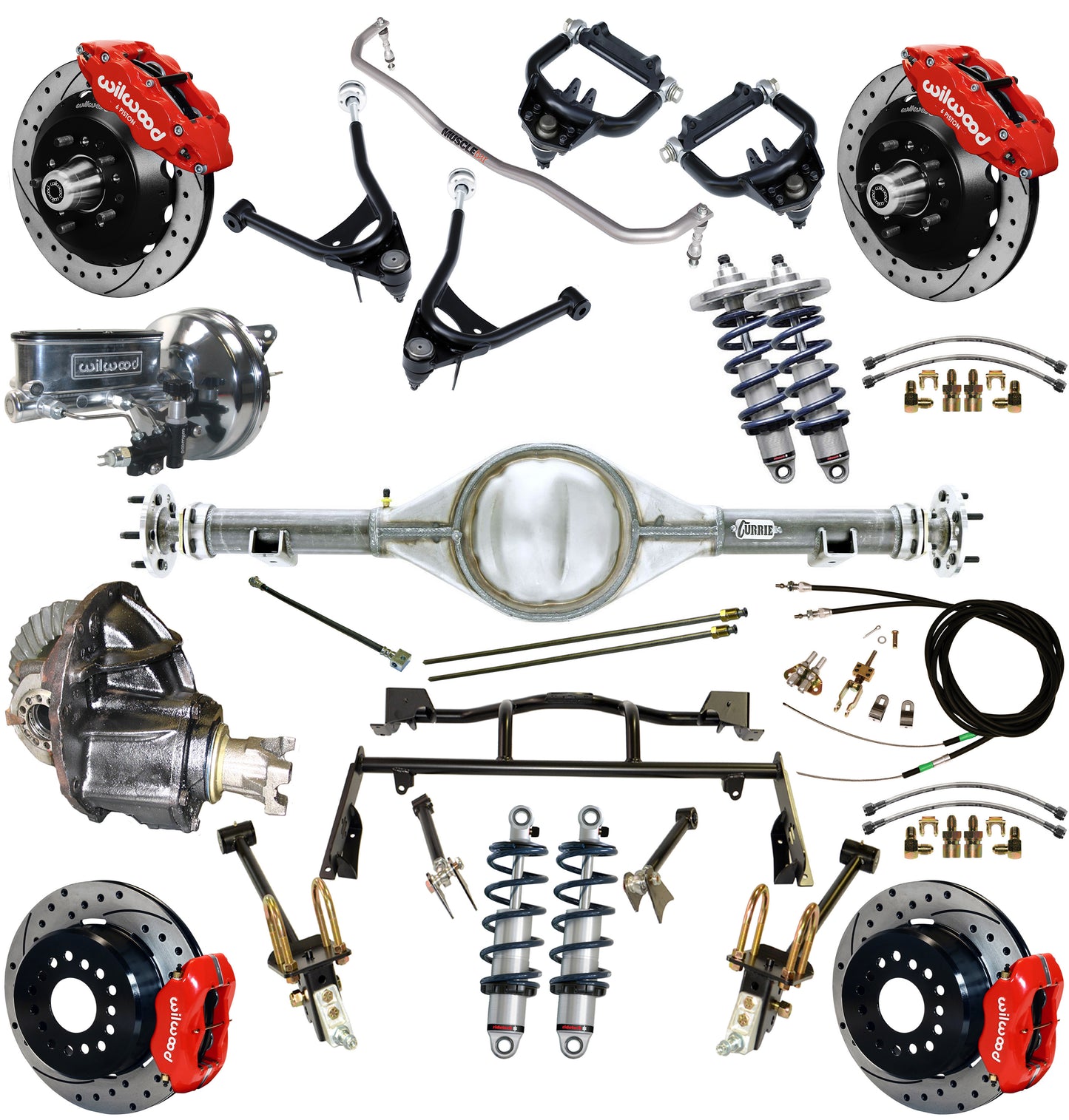 COILOVER & 4-LINK SYSTEM,CURRIE REAR END,WILWOOD 13"/12" DRILLED,RED,67-70 FORD