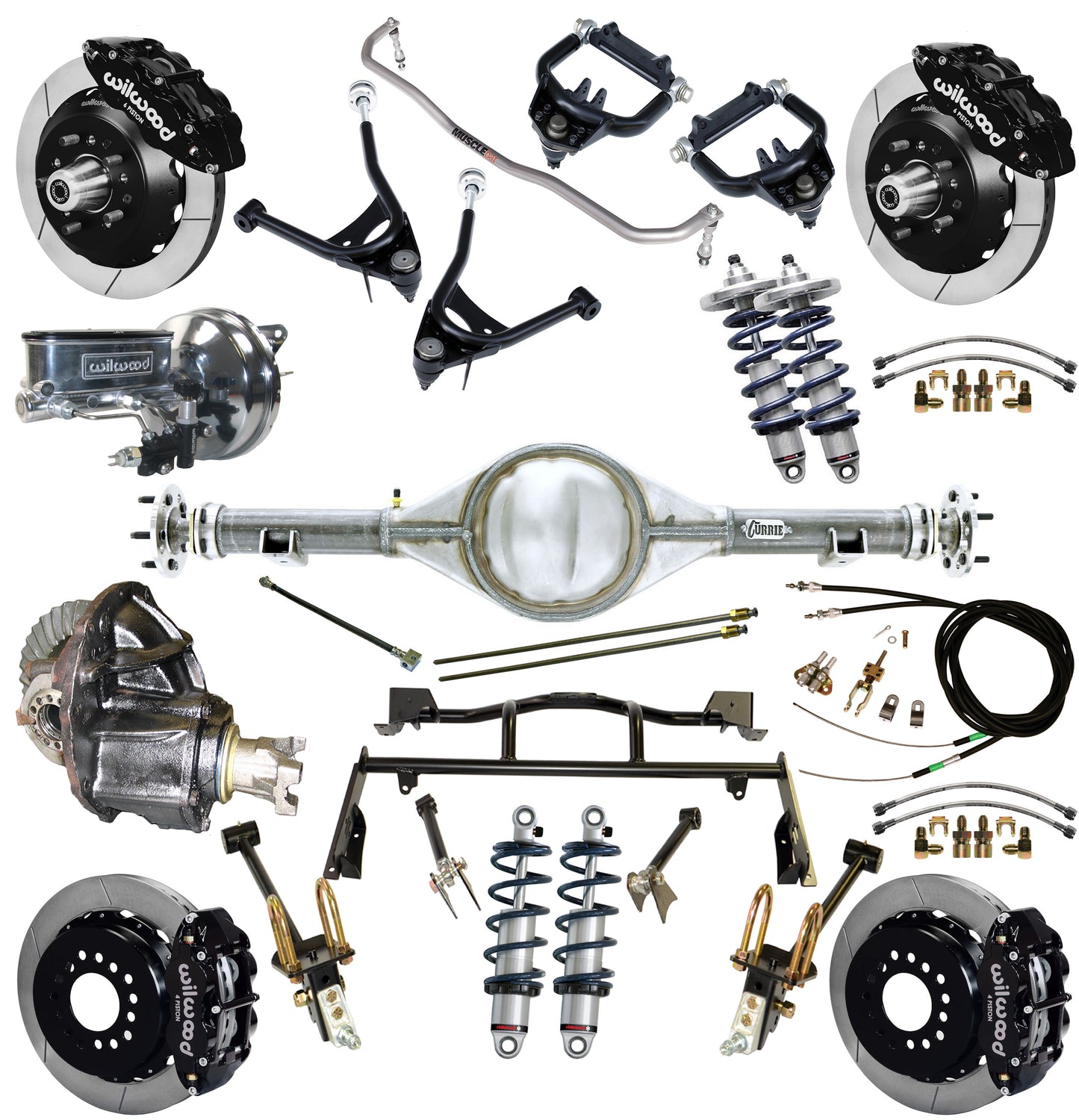 COILOVER & 4-LINK SYSTEM,CURRIE REAR END,WILWOOD 13" BRAKES,BLACK,67-70 MUSTANG