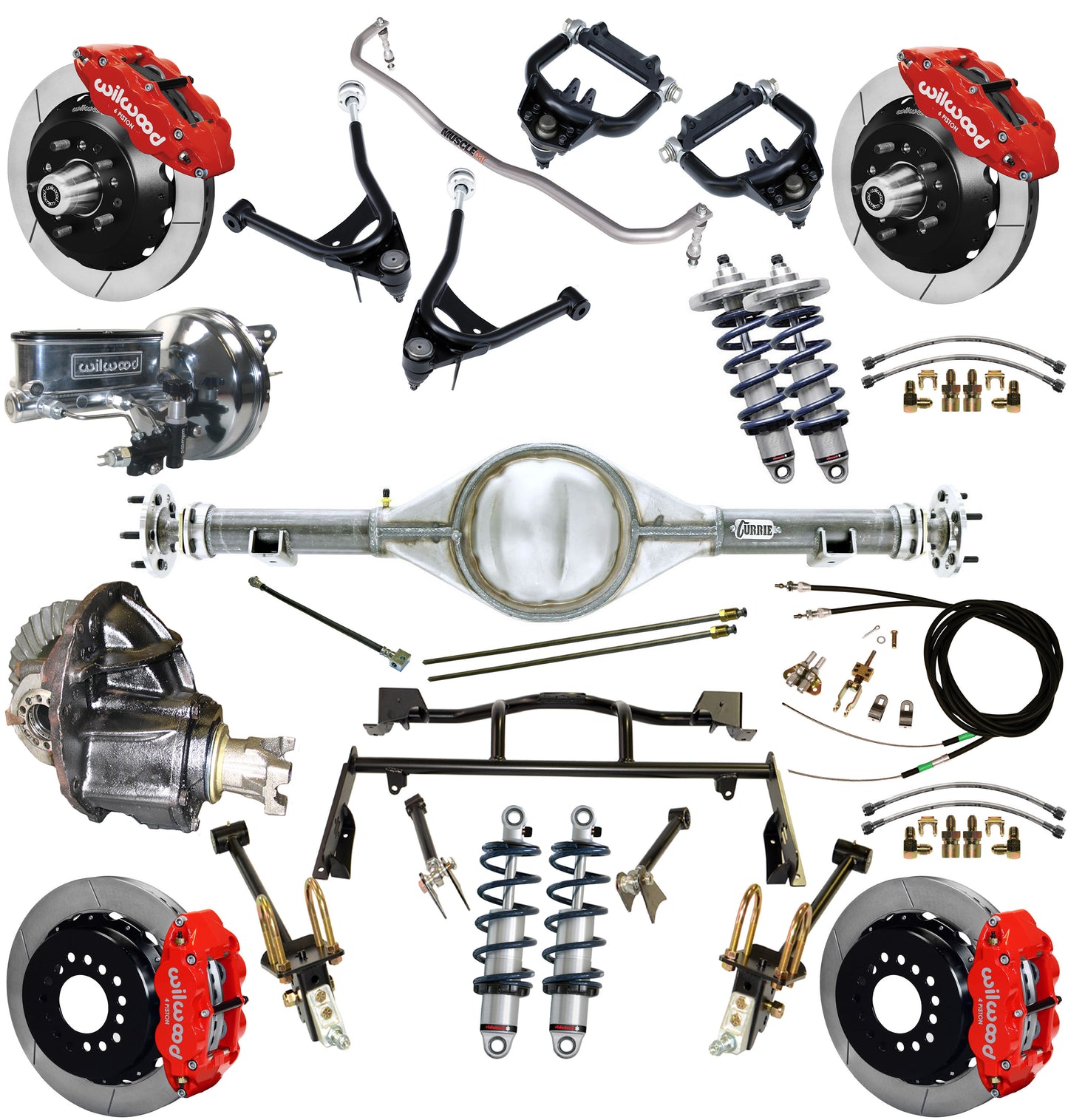 COILOVER & 4-LINK SYSTEM,CURRIE REAR END,WILWOOD 13" BRAKES,RED,67-70 MUSTANG
