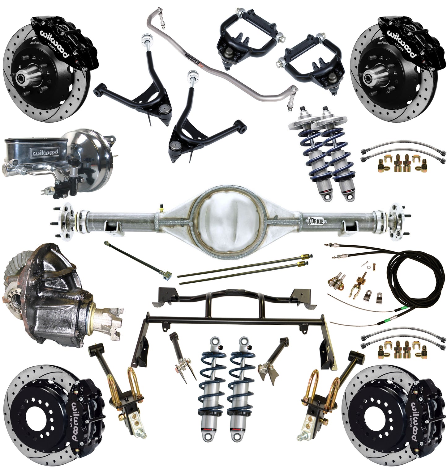 COILOVER & 4-LINK SYSTEM,CURRIE REAR END,WILWOOD 13" DRILLED BRAKES,BLACK,67-70