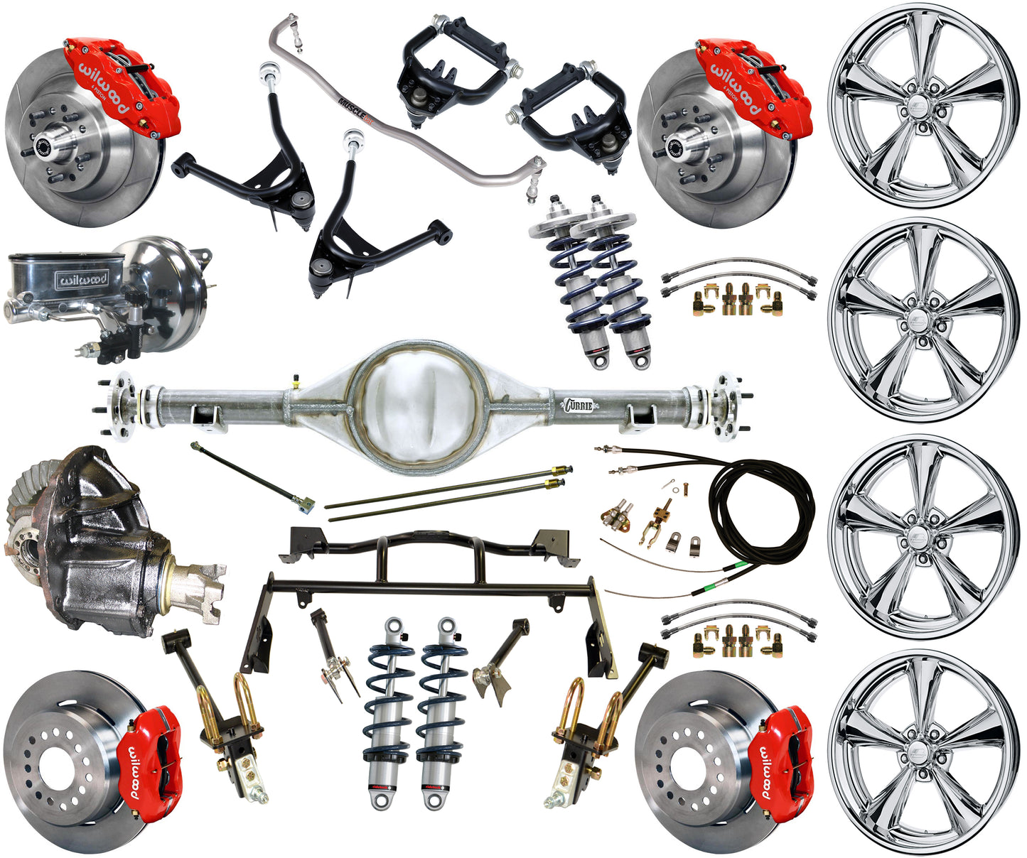 COILOVER & 4-LINK SYSTEM,CURRIE REAR END,WILWOOD 13"/12" BRAKES,RED,BSI WHEELS