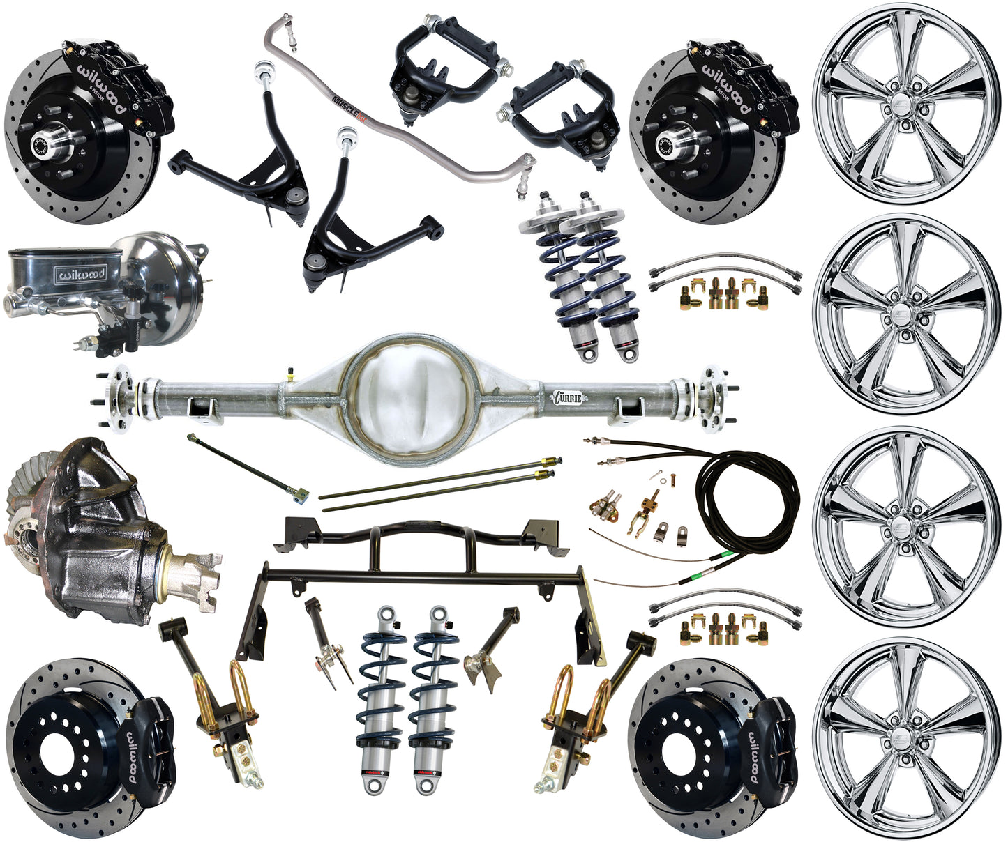 COILOVER & 4-LINK SYSTEM,CURRIE REAR END,WILWOOD 13"/12" DRILLED,BLACK,BSI WHEEL