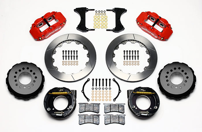 71-87 CHEVY C10 FULL DISC BRAKE KIT & WIL ALUM DROP SPINDLES,14"/13" ROTORS,RED