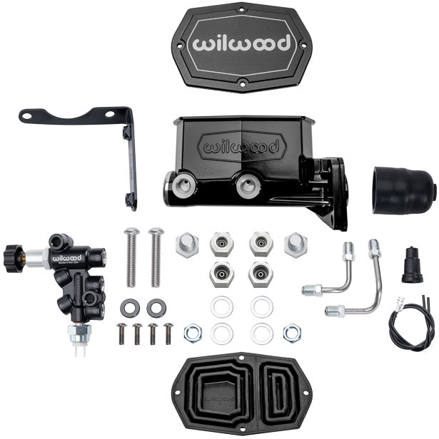 TANDEM COMPACT MASTER CYLINDER & L/H PROPORTIONING VALVE,MOPAR 4-BOLT,1",BLACK