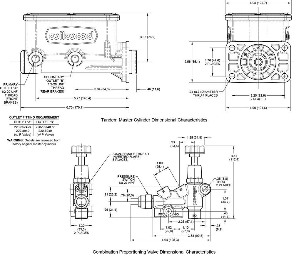 TANDEM COMPACT MASTER CYLINDER & R/H PROPORTIONING VALVE,MOPAR 4-BOLT,1",BLACK